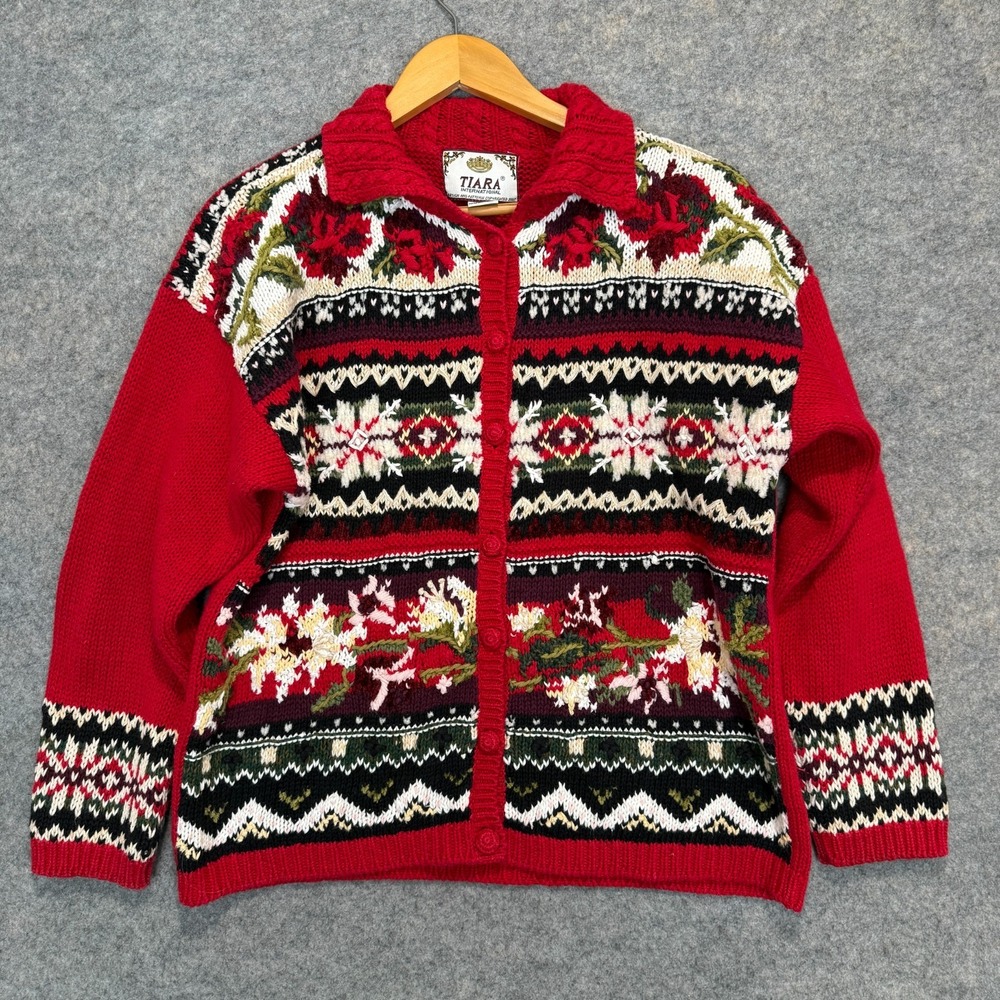 Tiara International Cardigan Sweater Womens Large Button Chunky Knit Flowers Red